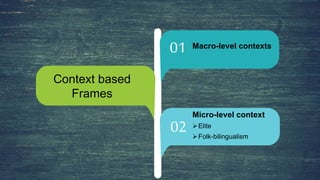 01 Macro-level contexts
02
Micro-level context
Elite
Folk-bilingualism
Context based
Frames
 