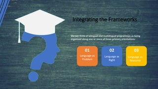 We can think of bilingual and multilingual programmes as being
organized along one or more of three primary orientations:
Integrating the Frameworks
01 02 03
Language as
Problem
Language as
Right
Language as
Resource
 