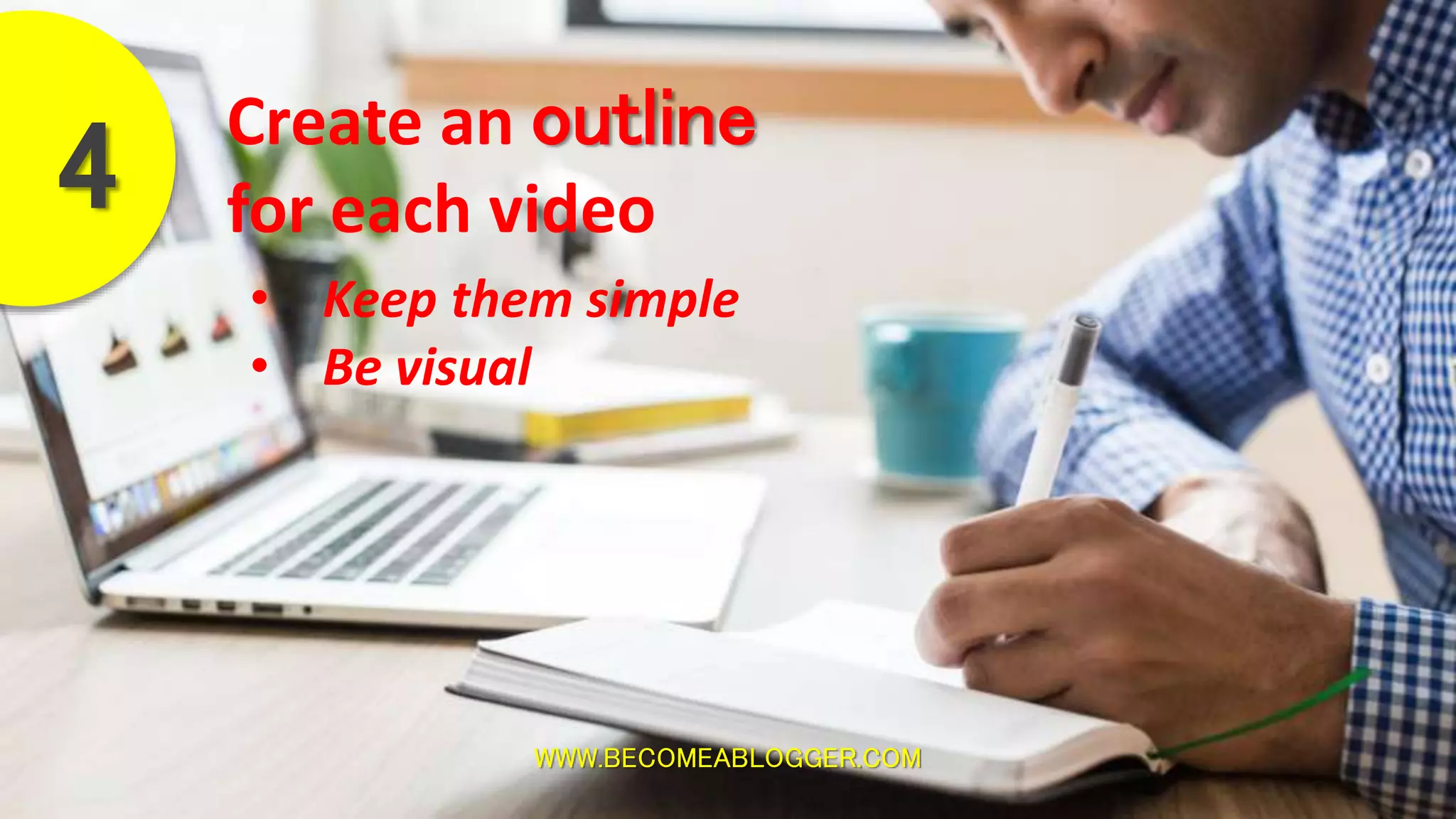 WWW.BECOMEABLOGGER.COM
Create an outline
for each video4
• Keep them simple
• Be visual
 