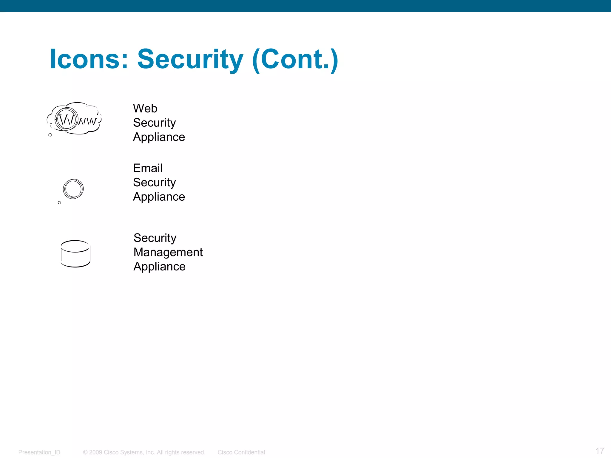© 2009 Cisco Systems, Inc. All rights reserved. Cisco ConfidentialPresentation_ID 17
Icons: Security (Cont.)
Web
Security
Appliance
Email
Security
Appliance
Security
Management
Appliance
 