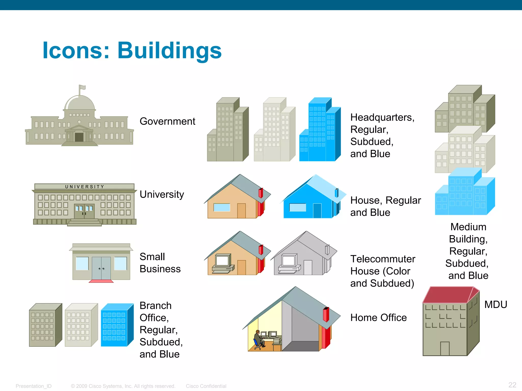 © 2009 Cisco Systems, Inc. All rights reserved. Cisco ConfidentialPresentation_ID 22
Government
University
U N I V E R S I T YU N I V E R S I T Y
Small
Business
Branch
Office,
Regular,
Subdued,
and Blue
Headquarters,
Regular,
Subdued,
and Blue
House, Regular
and Blue
Telecommuter
House (Color
and Subdued)
Home Office
Medium
Building,
Regular,
Subdued,
and Blue
Icons: Buildings
MDU
 
