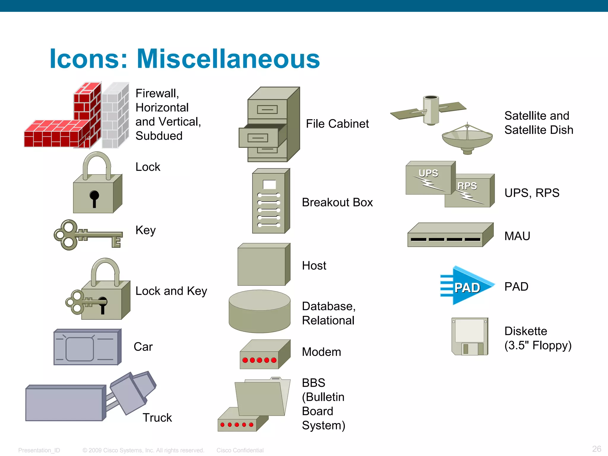 © 2009 Cisco Systems, Inc. All rights reserved. Cisco ConfidentialPresentation_ID 26
Firewall,
Horizontal
and Vertical,
Subdued
Lock
Key
Lock and Key
Diskette
(3.5" Floppy)
Breakout Box
Host
Database,
Relational
Modem
BBS
(Bulletin
Board
System)
Satellite and
Satellite Dish
MAU
PAD
Icons: Miscellaneous
UPS, RPS
Car
Truck
File Cabinet
 