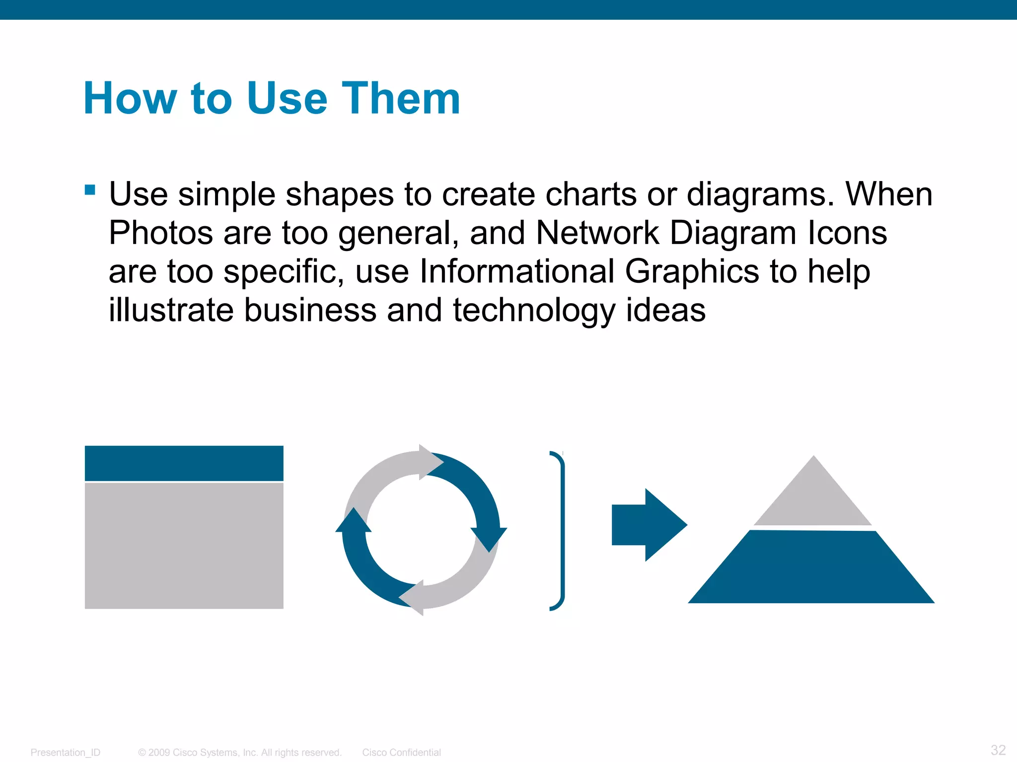 © 2009 Cisco Systems, Inc. All rights reserved. Cisco ConfidentialPresentation_ID 32
How to Use Them
 Use simple shapes to create charts or diagrams. When
Photos are too general, and Network Diagram Icons
are too specific, use Informational Graphics to help
illustrate business and technology ideas
 
