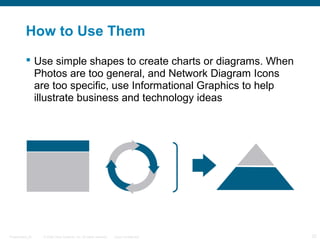© 2009 Cisco Systems, Inc. All rights reserved. Cisco ConfidentialPresentation_ID 32
How to Use Them
 Use simple shapes to create charts or diagrams. When
Photos are too general, and Network Diagram Icons
are too specific, use Informational Graphics to help
illustrate business and technology ideas
 