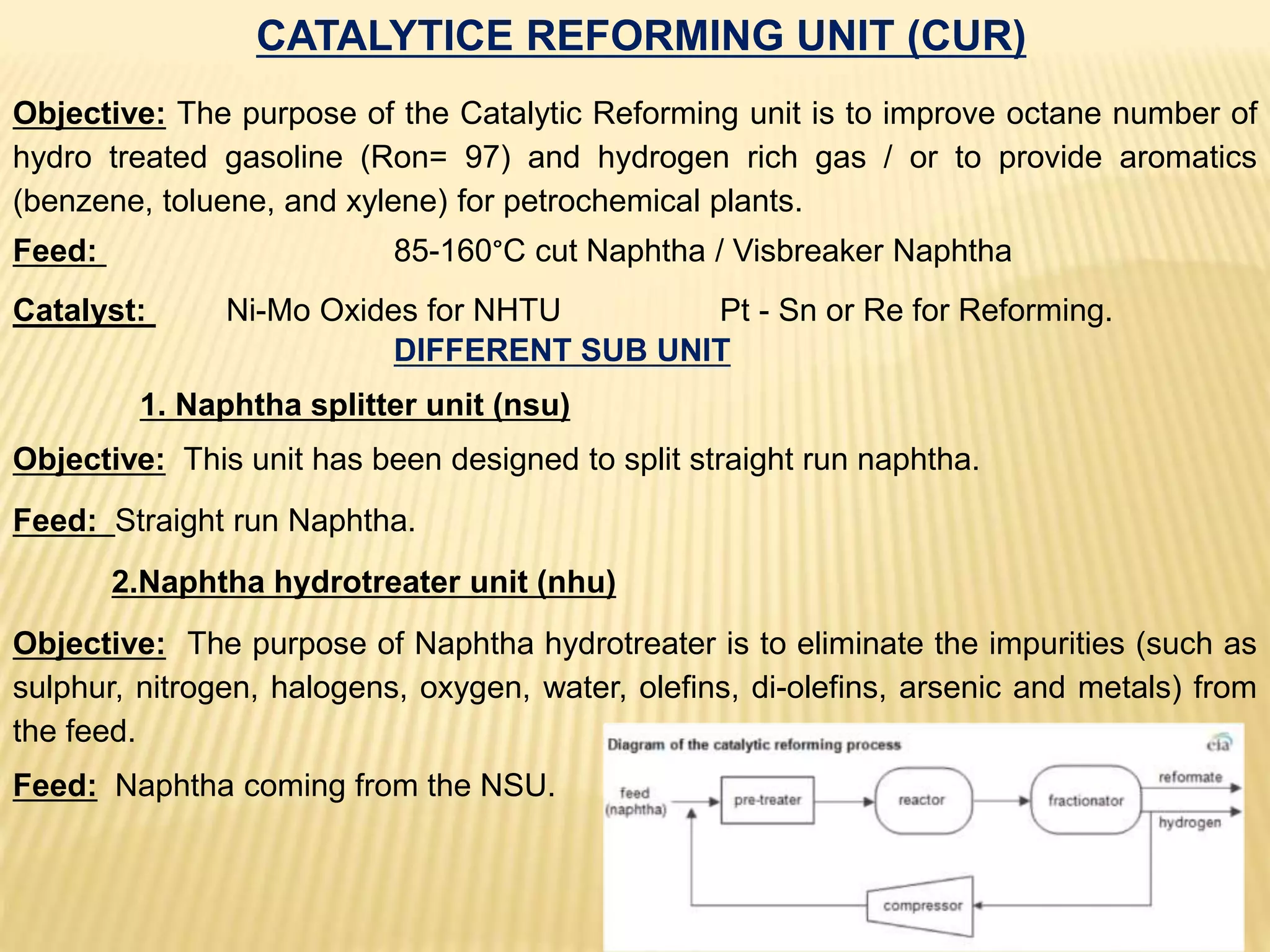 CATALYTICE REFORMING UNIT (CUR)
Objective: The purpose of the Catalytic Reforming unit is to improve octane number of
hydro treated gasoline (Ron= 97) and hydrogen rich gas / or to provide aromatics
(benzene, toluene, and xylene) for petrochemical plants.
Feed: 85-160°C cut Naphtha / Visbreaker Naphtha
Catalyst: Ni-Mo Oxides for NHTU Pt - Sn or Re for Reforming.
DIFFERENT SUB UNIT
1. Naphtha splitter unit (nsu)
Objective: This unit has been designed to split straight run naphtha.
Feed: Straight run Naphtha.
2.Naphtha hydrotreater unit (nhu)
Objective: The purpose of Naphtha hydrotreater is to eliminate the impurities (such as
sulphur, nitrogen, halogens, oxygen, water, olefins, di-olefins, arsenic and metals) from
the feed.
Feed: Naphtha coming from the NSU.
 