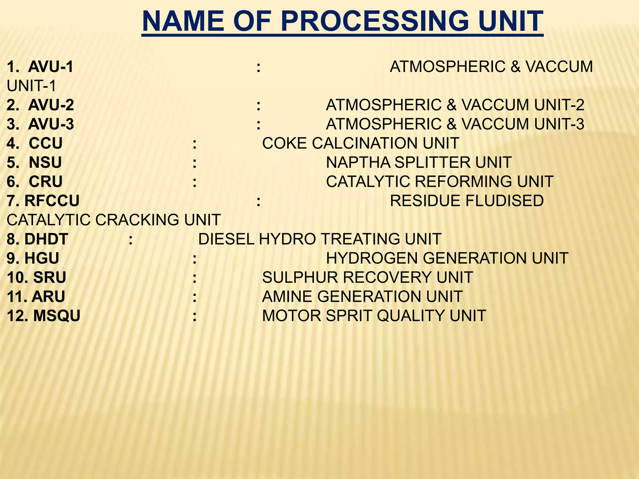 NAME OF PROCESSING UNIT
1. AVU-1 : ATMOSPHERIC & VACCUM
UNIT-1
2. AVU-2 : ATMOSPHERIC & VACCUM UNIT-2
3. AVU-3 : ATMOSPHERIC & VACCUM UNIT-3
4. CCU : COKE CALCINATION UNIT
5. NSU : NAPTHA SPLITTER UNIT
6. CRU : CATALYTIC REFORMING UNIT
7. RFCCU : RESIDUE FLUDISED
CATALYTIC CRACKING UNIT
8. DHDT : DIESEL HYDRO TREATING UNIT
9. HGU : HYDROGEN GENERATION UNIT
10. SRU : SULPHUR RECOVERY UNIT
11. ARU : AMINE GENERATION UNIT
12. MSQU : MOTOR SPRIT QUALITY UNIT
 