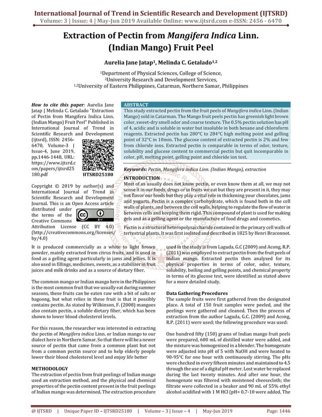Extraction of Pectin from Mangifera Indica Linn. Indian Mango Fruit
