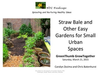 All photos by and property of Carolyn Zezima, NYC
Foodscape, except where otherwise indicated



Sprouting and Nurturing Healthy Ideas

Straw	
  Bale	
  and	
  
Other	
  Easy	
  
Gardens	
  for	
  Small	
  
Urban	
  	
  
Spaces	
  
	
  
GreenThumb	
  GrowTogether	
  
Saturday,	
  March	
  21,	
  2015	
  
	
  
Carolyn	
  Zezima	
  and	
  Chris	
  Batenhurst	
  
	
  
 
