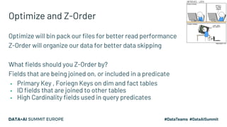 Optimize and Z-Order
Optimize will bin pack our files for better read performance
Z-Order will organize our data for bette...