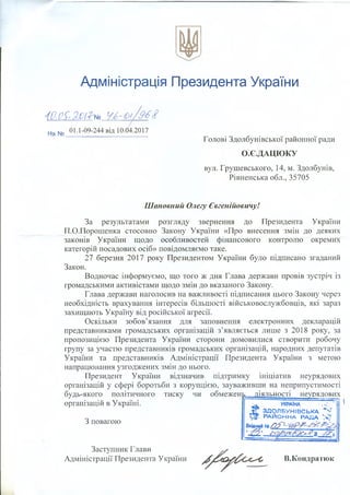 Адміністрація Президента України
40.(?£2С1Ъь
ыа мп 01.1-09-244 від 10.04.2017
Голові Здолбунівської районної ради
О.Є.ДАЦЮ...