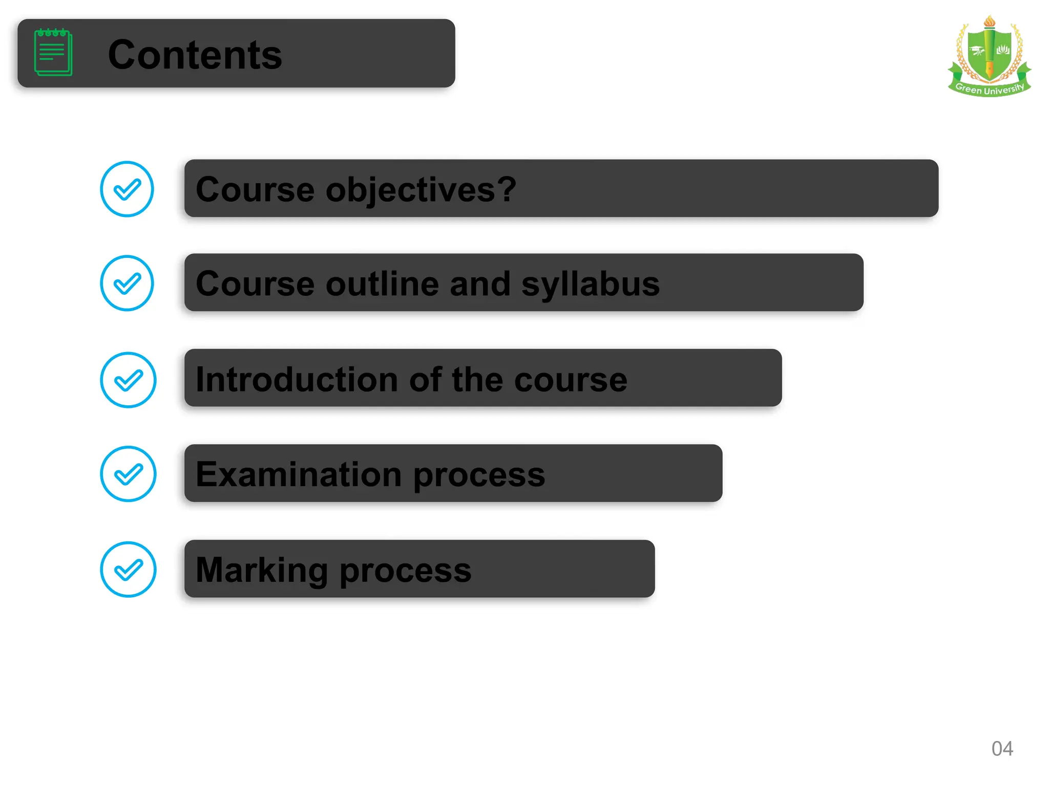 04
Contents
Course outline and syllabus
Introduction of the course
Examination process
Marking process
Course objectives?
 