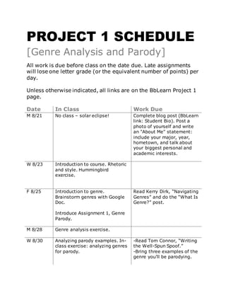 PROJECT 1 SCHEDULE
[Genre Analysis and Parody]
All work is due before class on the date due. Late assignments
will lose one letter grade (or the equivalent number of points) per
day.
Unless otherwise indicated, all links are on the BbLearn Project 1
page.
Date In Class Work Due
M 8/21 No class – solar eclipse! Complete blog post (BbLearn
link: Student Bio). Post a
photo of yourself and write
an "About Me" statement:
include your major, year,
hometown, and talk about
your biggest personal and
academic interests.
W 8/23 Introduction to course. Rhetoric
and style. Hummingbird
exercise.
F 8/25 Introduction to genre.
Brainstorm genres with Google
Doc.
Introduce Assignment 1, Genre
Parody.
Read Kerry Dirk, “Navigating
Genres” and do the “What Is
Genre?” post.
M 8/28 Genre analysis exercise.
W 8/30 Analyzing parody examples. In-
class exercise: analyzing genres
for parody.
-Read Tom Connor, “Writing
the Well-Spun Spoof.”
-Bring three examples of the
genre you’ll be parodying.
 