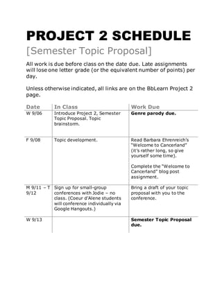 PROJECT 2 SCHEDULE
[Semester Topic Proposal]
All work is due before class on the date due. Late assignments
will lose one letter grade (or the equivalent number of points) per
day.
Unless otherwise indicated, all links are on the BbLearn Project 2
page.
Date In Class Work Due
W 9/06 Introduce Project 2, Semester
Topic Proposal. Topic
brainstorm.
Genre parody due.
F 9/08 Topic development. Read Barbara Ehrenreich’s
“Welcome to Cancerland”
(it’s rather long, so give
yourself some time).
Complete the “Welcome to
Cancerland” blog post
assignment.
M 9/11 – T
9/12
Sign up for small-group
conferences with Jodie – no
class. (Coeur d’Alene students
will conference individually via
Google Hangouts.)
Bring a draft of your topic
proposal with you to the
conference.
W 9/13 Semester Topic Proposal
due.
 