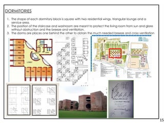 DORMITORIES
1. The shape of each dormitory block is square with two residential wings, triangular lounge and a
service area.
2. The position of the staircase and washroom are meant to protect the living room from sun and glare
without obstruction and the breeze and ventilation.
3. The dorms are places one behind the other to obtain the much needed breeze and cross ventilation
15.
 