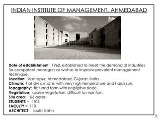 INDIAN INSTITUTE OF MANAGEMENT, AHMEDABAD
Date of establishment: 1962, established to meet the demand of industries
for competent managers as well as to improve prevalent management
technique.
Location: Vastrapur, Ahmedabad, Gujarat, India
Climate: hot dry climate, with very high temperature and harsh sun.
Topography: flat land form with negligible slope.
Vegetation: sparse vegetation, difficult to maintain.
Site area: 106 acres
STUDENTS = 1105
FACULTY = 110
ARCHITECT : Louis I Kahn
7.
 