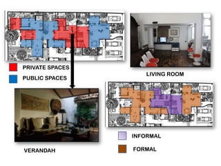 PRIVATE SPACES
PUBLIC SPACES
VERANDAH
INFORMAL
FORMAL
LIVING ROOM
 