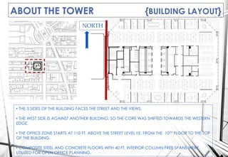 ABOUT THE TOWER {BUILDING LAYOUT}
• THE 3 SIDES OF THE BUILDING FACES THE STREET AND THE VIEWS.
• THE WEST SIDE IS AGAINST ANOTHER BUILDING; SO THE CORE WAS SHIFTED TOWARDS THE WESTERN
EDGE.
• THE OFFICE ZONE STARTS AT 110 FT. ABOVE THE STREET LEVEL I.E. FROM THE 10TH FLOOR TO THE TOP
OF THE BUILDING.
• COMPOSITE STEEL AND CONCRETE FLOORS WITH 40 FT. INTERIOR COLUMN FREE SPANS WERE
UTILIZED FOR OPEN OFFICE PLANNING.
NORTH
 