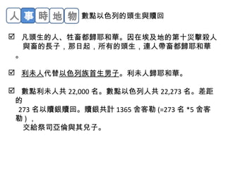 人事時地物數點以色列的頭生與贖回 
 凡頭生的人、牲畜都歸耶和華。因在埃及地的第十災擊殺人 
與畜的長子，那日起，所有的頭生，連人帶畜都歸耶和華 
。 
 利未人代替以色列族首生男子。利未人歸耶和華。 
 數點利未人共22,000名。數點以色列人共22,273名。差距 
的 
273名以贖銀贖回。贖銀共計1365舍客勒(=273名*5舍客 
勒)， 
交給祭司亞倫與其兒子。 
 