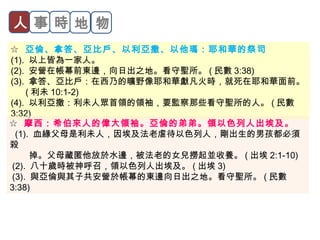 人事時地物 
☆ 亞倫、拿答、亞比戶、以利亞撒、以他瑪：耶和華的祭司 
(1). 以上皆為一家人。 
(2). 安營在帳幕前東邊，向日出之地。看守聖所。(民數3:38) 
(3). 拿答、亞比戶：在西乃的曠野像耶和華獻凡火時，就死在耶和華面前。 
(利未10:1-2) 
(4). 以利亞撒：利未人眾首領的領袖，要監察那些看守聖所的人。(民數 
3:32) 
☆ 摩西：希伯來人的偉大領袖。亞倫的弟弟。領以色列人出埃及。 
(1). 血緣父母是利未人，因埃及法老虐待以色列人，剛出生的男孩都必須 
殺 
掉。父母藏匿他放於水邊，被法老的女兒撈起並收養。(出埃2:1-10) 
(2). 八十歲時被神呼召，領以色列人出埃及。(出埃3) 
(3). 與亞倫與其子共安營於帳幕的東邊向日出之地。看守聖所。(民數 
3:38) 
 