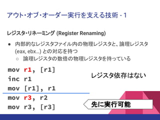 アウト・オブ・オーダー実行を支える技術 - 1
レジスタ・リネーミング (Register Renaming)
● 内部的なレジスタファイル内の物理レジスタと、論理レジスタ
(eax, ebx…) との対応を持つ
○ 論理レジスタの数倍の物理レジスタを持っている
mov r1, [r1]
inc r1
mov [r1], r1
mov r3, r2
mov r3, [r3]
レジスタ依存はない
先に実行可能
 