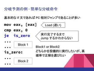 分岐予測の例 - 簡単な分岐命令
mov eax, [eax]
cmp eax, 0
je is_zero
...
...
is_zero:
...
...
実行完了するまで
Jump するかわからない
Load (遅い)
Block 1
Block 2
Block1 or Block2
どちらかを投機的に実行したいが、高
確率で正解を選びたい
基本的な if 文であれば PC 相対ジャンプであることが多い
 