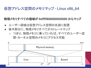 仮想アドレス空間のメモリマップ - Linux x86_64
物理メモリすべての領域が 0xffff800000000000 からマップ
● ユーザー領域は仮想アドレス空間の先頭に配置
● 後半部分に、物理メモリすべてがストレートマップ
○ つまり、物理メモリに乗っていれば、すべてのユーザー空
間・カーネル空間のメモリにアクセス可能
 