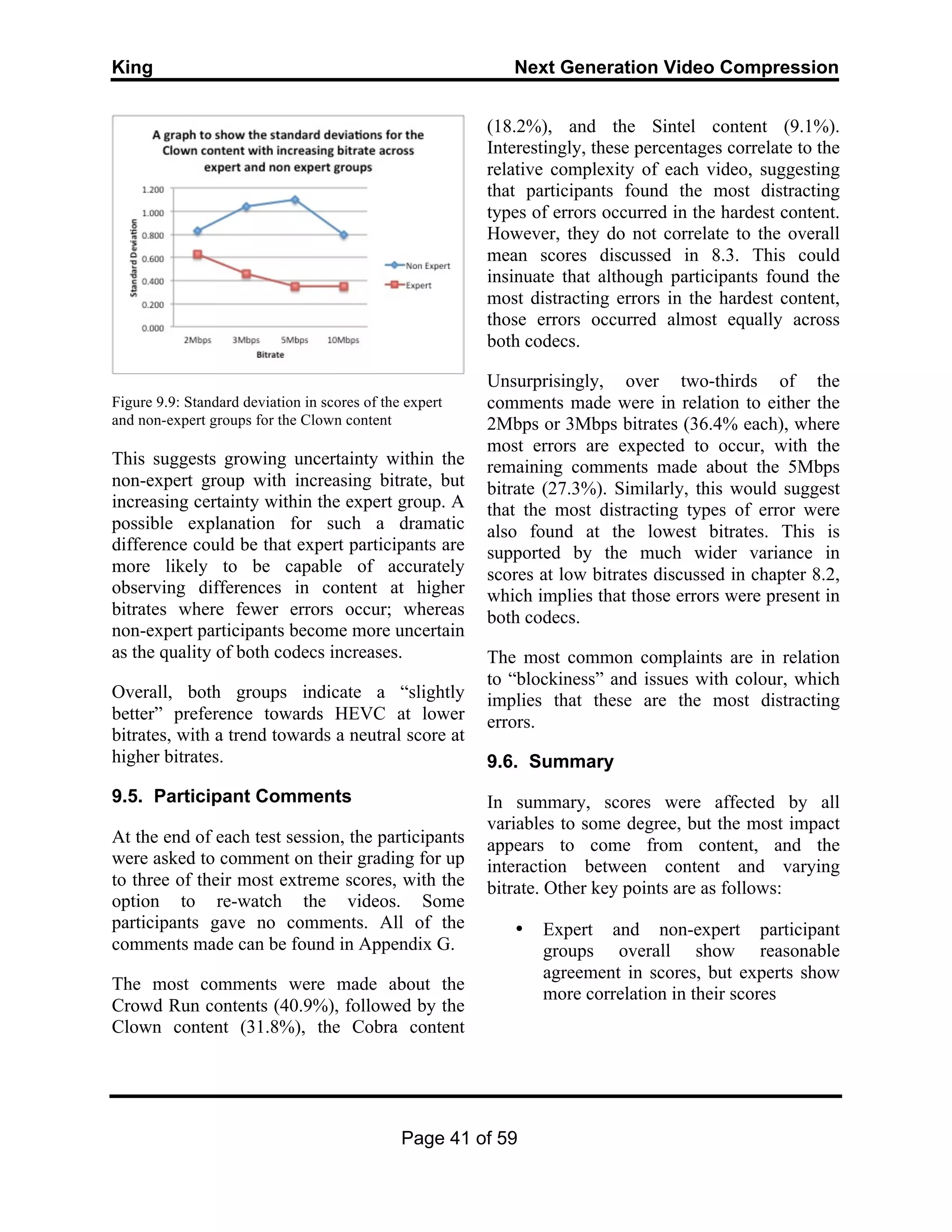 King Next Generation Video Compression
Page 41 of 59
Figure 9.9: Standard deviation in scores of the expert
and non-expert groups for the Clown content
This suggests growing uncertainty within the
non-expert group with increasing bitrate, but
increasing certainty within the expert group. A
possible explanation for such a dramatic
difference could be that expert participants are
more likely to be capable of accurately
observing differences in content at higher
bitrates where fewer errors occur; whereas
non-expert participants become more uncertain
as the quality of both codecs increases.
Overall, both groups indicate a “slightly
better” preference towards HEVC at lower
bitrates, with a trend towards a neutral score at
higher bitrates.
9.5. Participant Comments
At the end of each test session, the participants
were asked to comment on their grading for up
to three of their most extreme scores, with the
option to re-watch the videos. Some
participants gave no comments. All of the
comments made can be found in Appendix G.
The most comments were made about the
Crowd Run contents (40.9%), followed by the
Clown content (31.8%), the Cobra content
(18.2%), and the Sintel content (9.1%).
Interestingly, these percentages correlate to the
relative complexity of each video, suggesting
that participants found the most distracting
types of errors occurred in the hardest content.
However, they do not correlate to the overall
mean scores discussed in 8.3. This could
insinuate that although participants found the
most distracting errors in the hardest content,
those errors occurred almost equally across
both codecs.
Unsurprisingly, over two-thirds of the
comments made were in relation to either the
2Mbps or 3Mbps bitrates (36.4% each), where
most errors are expected to occur, with the
remaining comments made about the 5Mbps
bitrate (27.3%). Similarly, this would suggest
that the most distracting types of error were
also found at the lowest bitrates. This is
supported by the much wider variance in
scores at low bitrates discussed in chapter 8.2,
which implies that those errors were present in
both codecs.
The most common complaints are in relation
to “blockiness” and issues with colour, which
implies that these are the most distracting
errors.
9.6. Summary
In summary, scores were affected by all
variables to some degree, but the most impact
appears to come from content, and the
interaction between content and varying
bitrate. Other key points are as follows:
• Expert and non-expert participant
groups overall show reasonable
agreement in scores, but experts show
more correlation in their scores
 