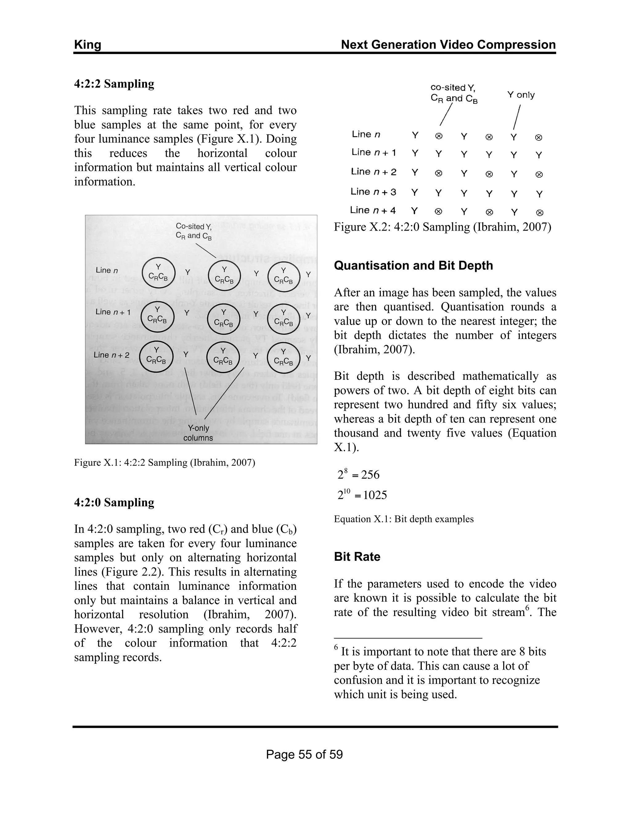 King Next Generation Video Compression
Page 55 of 59
4:2:2 Sampling
This sampling rate takes two red and two
blue samples at the same point, for every
four luminance samples (Figure X.1). Doing
this reduces the horizontal colour
information but maintains all vertical colour
information.
Figure X.1: 4:2:2 Sampling (Ibrahim, 2007)
4:2:0 Sampling
In 4:2:0 sampling, two red (Cr) and blue (Cb)
samples are taken for every four luminance
samples but only on alternating horizontal
lines (Figure 2.2). This results in alternating
lines that contain luminance information
only but maintains a balance in vertical and
horizontal resolution (Ibrahim, 2007).
However, 4:2:0 sampling only records half
of the colour information that 4:2:2
sampling records.
Figure X.2: 4:2:0 Sampling (Ibrahim, 2007)
Quantisation and Bit Depth
After an image has been sampled, the values
are then quantised. Quantisation rounds a
value up or down to the nearest integer; the
bit depth dictates the number of integers
(Ibrahim, 2007).
Bit depth is described mathematically as
powers of two. A bit depth of eight bits can
represent two hundred and fifty six values;
whereas a bit depth of ten can represent one
thousand and twenty five values (Equation
X.1).
Equation X.1: Bit depth examples
Bit Rate
If the parameters used to encode the video
are known it is possible to calculate the bit
rate of the resulting video bit stream6
. The
6
It is important to note that there are 8 bits
per byte of data. This can cause a lot of
confusion and it is important to recognize
which unit is being used.
€
28
= 256
210
=1025
 