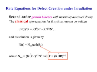 Second-order growth kinetics with thermally activated decay.
The classical rate equation for this situation can be written
dN(t)/dt = KDN* - RN2/N*,
and its solution is given by
N(t) = Nsattanh(kt),
where Nsat = (KD/R)1/2N* and k = (KDR)1/2.
Rate Equations for Defect Creation under Irradiation
•
• •
 