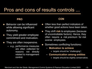 Merchant and Van der Stede: Management Control Systems © Pearson Education Limited 2003 - 8 -
 Behavior can be influenced
while allowing significant
autonomy.
 They yield greater employee
commitment and motivation.
 They are often inexpensive.
– e.g., performance measures
are often collected for
reasons not directly
related to management
control.
 Often less than perfect indicators of
whether good actions have been taken.
 They shift risk to employees (because
of uncontrollable factors). Hence, they
often require a risk premium for risk
averse employees.
 Sometimes conflicting functions:
– Motivation to achieve
» targets should be “challenging”;
– Communication among entities
» targets should be slightly conservative.
Pros and cons of results controls ...
PRO CON
 