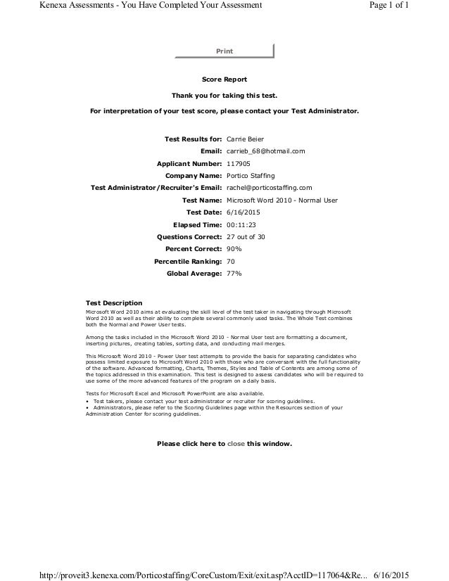 microsoft word 2010 normal user test results word assessment test