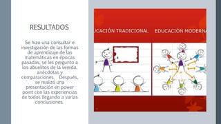 RESULTADOS
Se hizo una consultar e
investigación de las formas
de aprendizaje de las
matemáticas en épocas
pasadas, se les pregunto a
los abuelitos de la vereda,
anécdotas y
comparaciones. Después,
se realizó una
presentación en power
point con las experiencias
de todos llegando a varias
conclusiones.
 