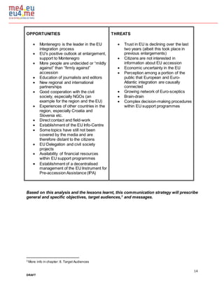 14
DRAFT
OPPORTUNITIES
 Montenegro is the leader in the EU
integration process
 EU’s positive outlook at enlargement,
support to Montenegro
 More people are undecided or “mildly
against” than “firmly against”
accession
 Education of journalists and editors
 New regional and international
partnerships
 Good cooperation with the civil
society, especially NGOs (an
example for the region and the EU)
 Experiences of other countries in the
region, especially Croatia and
Slovenia etc.
 Direct contact and field-work
 Establishment of the EU Info-Centre
 Some topics have still not been
covered by the media and are
therefore distant to the citizens
 EU Delegation and civil society
projects
 Availability of financial resources
within EU support programmes
 Establishment of a decentralised
management of the EU Instrument for
Pre-accession Assistance (IPA)
THREATS
 Trust in EU is declining over the last
two years (albeit this took place in
previous enlargements)
 Citizens are not interested in
information about EU accession
 Economic uncertainty in the EU
 Perception among a portion of the
public that European and Euro-
Atlantic integration are causally
connected
 Growing network of Euro-sceptics
 Brain-drain
 Complex decision-making procedures
within EU support programmes
Based on this analysis and the lessons learnt, this communication strategy will prescribe
general and specific objectives, target audiences,3
and messages.
3
More info in chapter: 8. Target Audiences
 