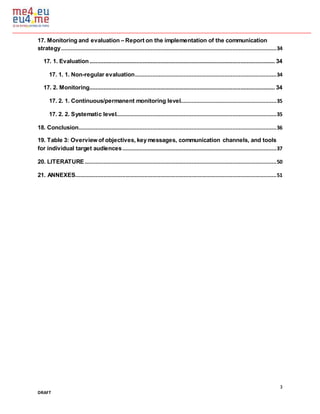 3
DRAFT
17. Monitoring and evaluation – Report on the implementation of the communication
strategy.........................................................................................................................................34
17. 1. Evaluation...................................................................................................................... 34
17. 1. 1. Non-regular evaluation..........................................................................................34
17. 2. Monitoring...................................................................................................................... 34
17. 2. 1. Continuous/permanent monitoring level.............................................................35
17. 2. 2. Systematic level......................................................................................................35
18. Conclusion..............................................................................................................................36
19. Table 3: Overview of objectives, keymessages, communication channels, and tools
for individual target audiences..................................................................................................37
20. LITERATURE..........................................................................................................................50
21. ANNEXES................................................................................................................................51
 