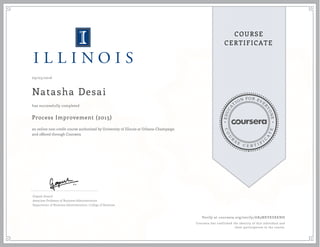 EDUCA
T
ION FOR EVE
R
YONE
CO
U
R
S
E
C E R T I F
I
C
A
TE
COURSE
CERTIFICATE
09/03/2016
Natasha Desai
Process Improvement (2015)
an online non-credit course authorized by University of Illinois at Urbana-Champaign
and offered through Coursera
has successfully completed
Gopesh Anand
Associate Professor of Business Administration
Department of Business Administration, College of Business
Verify at coursera.org/verify/AB3MKVKSXKNH
Coursera has confirmed the identity of this individual and
their participation in the course.
 