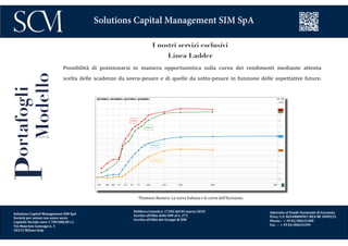 Delibera Consob n. 17202 del 02 marzo 2010
Iscritta all’Albo delle SIM al n. 272
Iscritta all’Albo dei Gruppi di SIM
Aderente al Fondo Nazionale di Garanzia
P.Iva/ C.F. 06548800967 REA MI 1899233
Phone : + 39 02/00633300
Fax : + 39 02/00633399
Solutions Capital Management SIM SpA
I nostri servizi esclusivi
Linea Ladder
Possibilità di posizionarsi in maniera opportunistica sulla curva dei rendimenti mediante attenta
scelta delle scadenze da sovra-pesare e di quelle da sotto-pesare in funzione delle aspettative future.
Q0#FRBMK=; Q0#DEBMK=; Q0#ITBMK=; Q0#ESBMK= 1M - 50Y
Italia
Spagna
Francia
Germania
Yield
0
0,5
1
1,5
2
2,5
3
3,5
4
4,5
5
5,5
6
3,677
2,466
5,956
5,754
1M 6M 9M 1Y 3Y 5Y 7Y 10Y 15Y 20Y 50Y30Y
Portafogli
Modello
Thomson Reuters: La curva Italiana e le curve dell’Eurozona
Solutions Capital Management SIM SpA
Società per azioni con unico socio
Capitale Sociale euro 1.700.000,00 i.v.
Via Maurizio Gonzaga n. 3
20123 Milano Italy
 