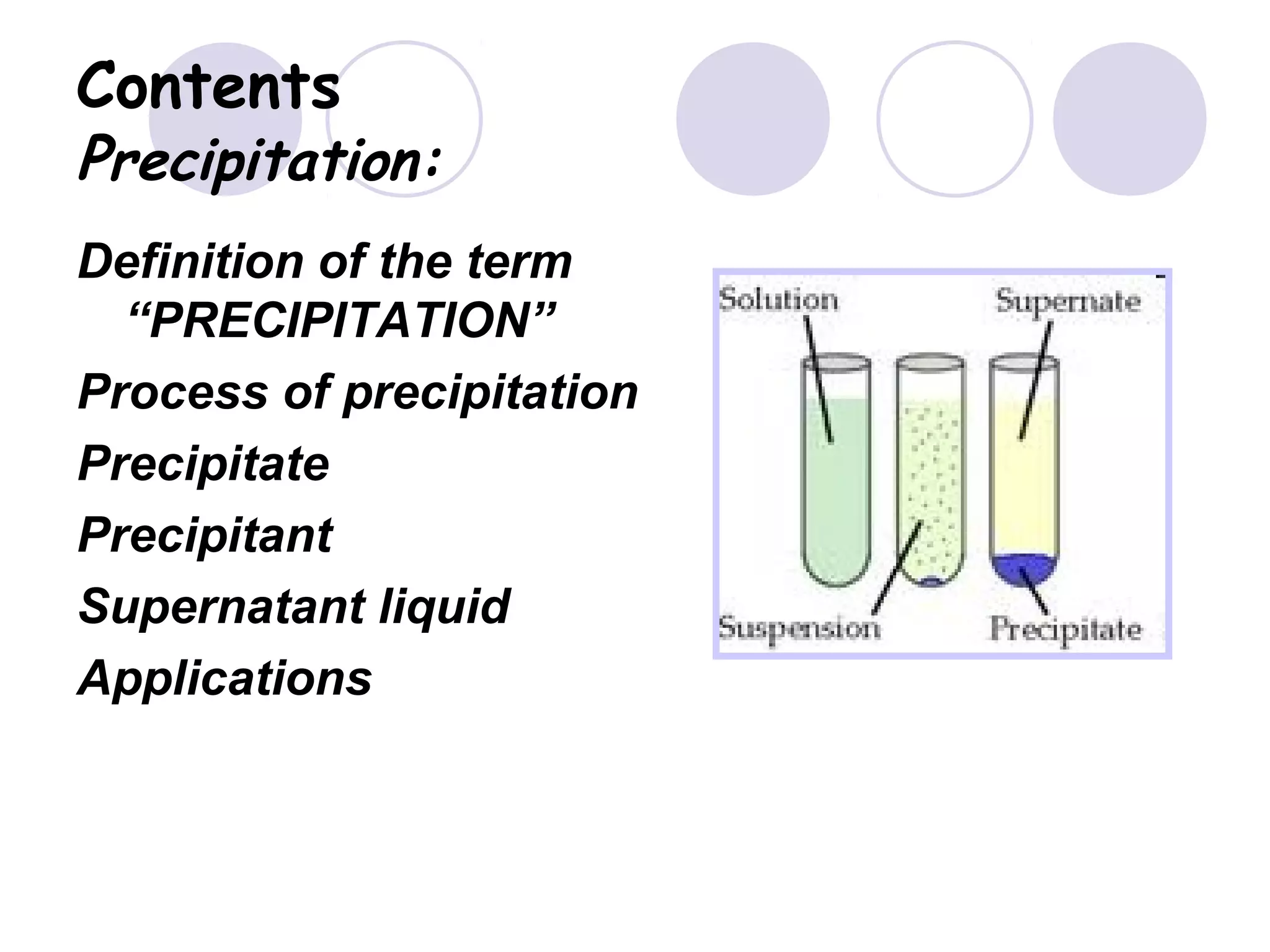 Contents
Precipitation:
Definition of the term
“PRECIPITATION”
Process of precipitation
Precipitate
Precipitant
Supernatant liquid
Applications
 
