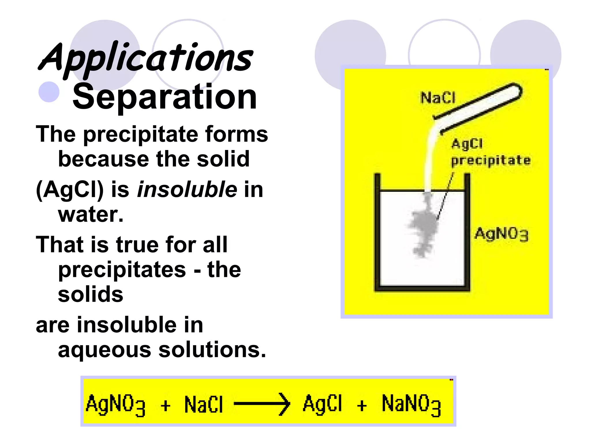 Applications
Separation
The precipitate forms
because the solid
(AgCl) is insoluble in
water.
That is true for all
precipitates - the
solids
are insoluble in
aqueous solutions.
 