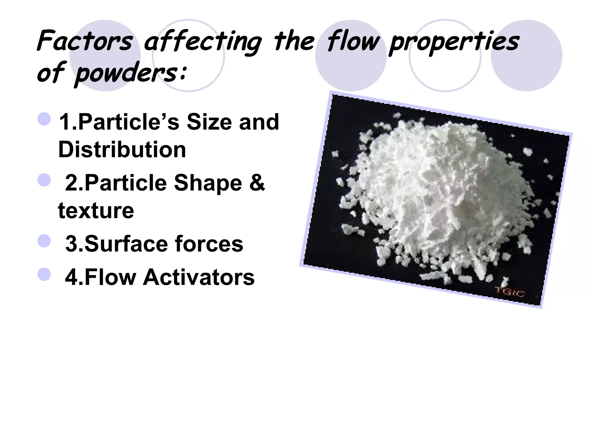 Factors affecting the flow properties
of powders:
1.Particle’s Size and
Distribution
 2.Particle Shape &
texture
 3.Surface forces
 4.Flow Activators
 