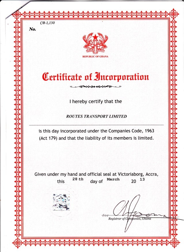 Certificate of Incorporation Routes Transport