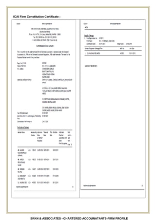 SRKN & ASSOCIATES –CHARTERED ACCOUNATANTS-FIRM PROFILE
ICAI Firm Constitution Certificate :
 