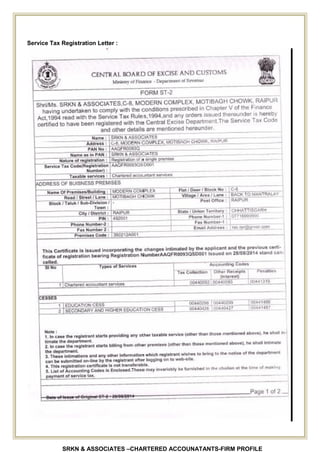 SRKN & ASSOCIATES –CHARTERED ACCOUNATANTS-FIRM PROFILE
Service Tax Registration Letter :
 