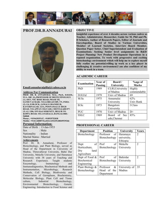 PROF.DR.B.ANNADURAI
Email:annaduraipillai@yahoo.co.in
Address For Communication
PROF. DR. B. ANNADURAI. M.Sc., Ph.D., D.H.ED.,
FLS., SBC (I).,PROFESSOR OF BIOTECHNOLOGY
(1). 445/1, NSC BOSE ROAD, PHASE III,
SATHUVACHARI, VELLORE-632 009, TN, INDIA
(2). G4, II BLOCK, JAMALS GRANDEUR,
KAVERINAGAR, 123A, POONAMALLE HIGH
ROAD, VELAPPAN CHAVADI, CHENNAI-600 077.
(3) A3, 1206, SNN RAJ SERENITY, BEGUR TO
KOPPA ROAD, YELANAHALLI, BANGALORE-
560068
Phone:, +919443035147, +918939753038
Mobile: +9144-26800710,,0416-2252255,08049539266
Personal Information:
Date of Birth : 13-Jan-1953
Sex : Male
Nationality : Indian
Marital Status : Married
Achievements
Prof. Dr. B. Annadurai, Professor of
Biotechnology, and Plant Biology, served as
Head of the Department in University of
Madras, Thiruvalluvar University, Bahir Dar
University, Mekelle University, and Haramaya
University with 38 years of Teaching and
Research Experience. Taught students
Enzymology, Immunology and
Immunodiagnostics, Biochemical Methods and
Instrumentation, Microbiology, Research
Methods, Cell Biology, Biodiversity and
Conservation of Germplasm, Biochemistry,
Molecular Biology, Plant Cell and Tissue
culture, Industrial Biotechnology,
Environmental Biotechnology, Genetic
Engineering. Introduction to Food Science and
OBJECTIVE
Insightful experience of over 4 decades across various cadres as
Teacher, Administrator, Researcher, Guide for M. Phil and Ph.
D Scholars, Author of Research Papers, Editor of Journals and
Encyclopedias, Board of Studies in Various Universities,
Member of Learned Societies, Interview Board Member,
Question Paper Setter, Chief Superintendent and Evaluation of
Examinations. Seeking Senior level assignments in R&D/
Project Planning/ New Product Development Operations in a
reputed organization. To work with progressive and exciting
biotechnology environment which will help me to explore myself
fully realize my potential.willing tp work as a key player in
challenging & creative environment.I am also confident of my
ability to work in a team.
ACADEMIC CAREER
Examination
Year of
Passing
Board /
University
%age of
Marks
PhD 1989 CLRI,University
of Madras
Highly
commendable
D.H.Ed 1979 Univ of Madras 69
M.Sc 1975 Annamalai
University
62%
Univ Rank
B.Sc 1973 Bangalore
University
I Class
PUC 1970 Univ of Madras D+
SSLC 1969 Board of Sec
edn,Chennai
85%
PROFESSIONAL CAREER
Department Position University Years
Biotechnology Professor of
Biotechnology
Haramaya
university,
Ethiopia
2
Dept of
Horticulture,
Dry land
Agriculture
Prof of
Biotechnology
Mekelle
University
2
Dept of Food &
Biochemical
Engineering
Prof of
Biotechnology
Bahirdar
University
2
Plant Biology &
Biotechnology
Professor &
Head of the
Department
University of
Madras
35
 