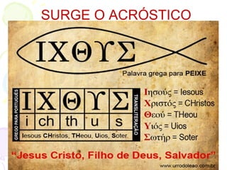 11
Data: Primeiro Século (30 – 100)
Objetivo: Exortar e edificar a Igreja.
No Ocidente: Clemente de Roma.
No Oriente: Inácio, Policarpo, Barnabé, Papias,
Hermas e Didaquê.
Data: Segundo Século (120 – 220)
Objetivo: Defender o Cristianismo.
No Ocidente: Tertuliano.
No Oriente: Justino, Taciano, Teófilo, Aristides e
Atenágoras.
 