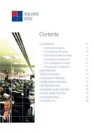 Contents
1.OUR HISTORY	
	 1.1 Company Snapshot	
	 1.2 Our Business Practices
	
	 1.3 Our Vertical Skills Coverage
	 1.4 Our Resourcing Solutions
	 1.5 Our Geographic Footprint
	 1.6 Partnerships & Affiliations	
2.SAP PRACTICE	
3.ORACLE PRACTICE
4.PEOPLESOFT PRACTICE
5.DEVELOPMENT PRACTICE
6.TESTING PRACTICE
7.INFRASTRUCTURE PRACTICE
8.DIGITAL MEDIA PRACTICE
9.PHARMACEUTICAL
10.CONTACT US
2
3
3
4
5
6
7
8
9
10
11
12
13
14
15
16
 