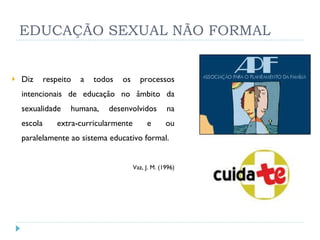 EDUCAÇÃO SEXUAL NÃO FORMAL Diz respeito a todos os processos intencionais de educação no âmbito da sexualidade humana, desenvolvidos na escola extra-curricularmente e ou paralelamente ao sistema educativo formal.   Vaz, J. M. (1996) 