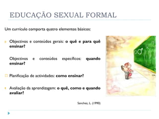 EDUCAÇÃO SEXUAL FORMAL Um currículo comporta quatro elementos básicos: Objectivos e conteúdos gerais:  o quê e para quê ensinar? Objectivos e conteúdos específicos:  quando ensinar? Planificação de actividades:  como ensinar? Avaliação da aprendizagem:  o quê, como e quando avaliar?   Sanchez, L. (1990) 