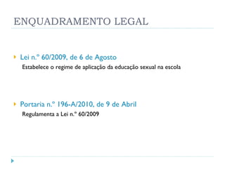 ENQUADRAMENTO LEGAL Lei n.º 60/2009, de 6 de Agosto Estabelece o regime de aplicação da educação sexual na escola Portaria n.º 196-A/2010, de 9 de Abril Regulamenta a Lei n.º 60/2009 