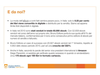 E da noi?

• La moda dell’eBook a conti fatti sembra pesare poco, in Italia: solo lo 0.25 per cento
  dei libri viene convertito in digitale e distribuito per la vendita. Siamo ad appena
  9mila titoli disponibili in digitale.

• In Italia nel 2010 sono stati venduti in totale 65.000 ebook. Con 52.659 ebook
  venduti nel corso dell'anno sul proprio sito, Bruno Editore porta la sua quota all'81% del
  mercato italiano, confermandosi per il nono anno consecutivo primo editore di ebook per
  numero di vendite e fatturato.

• Bruno Editore un caso di successo con 20.927 ebook venduti nel 1* trimestre, rispetto ai
  4.953 dello stesso periodo 2010, pari ad una crescita del 322%.

• Anche in Italia, secondo le parole del senior vice president international di Amazon
  Diego Piacentini, si sarebbe già verificato questo sorpasso in quando si venderebbero
  circa 170 ebook ogni 100 libri in formato cartaceo.
 