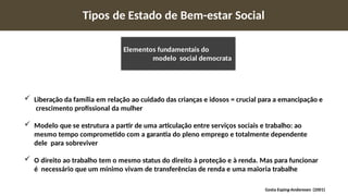  Liberação da família em relação ao cuidado das crianças e idosos = crucial para a emancipação e
crescimento profissional da mulher
 Modelo que se estrutura a partir de uma articulação entre serviços sociais e trabalho: ao
mesmo tempo comprometido com a garantia do pleno emprego e totalmente dependente
dele para sobreviver
 O direito ao trabalho tem o mesmo status do direito à proteção e à renda. Mas para funcionar
é necessário que um mínimo vivam de transferências de renda e uma maioria trabalhe
Tipos de Estado de Bem-estar Social
Gosta Esping-Anderesen (2001)
Elementos fundamentais do
modelo social democrata
 